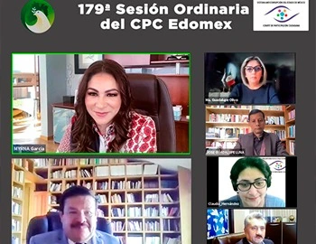 “LA BUENA ADMINISTRACIÓN PÚBLICA RESPETA LOS DDHH. Imagen de una sesión virtual titulada ‘179ª Sesión Ordinaria del CPC Edomex’, mostrada en formato de videoconferencia con varias personas participantes en recuadros en pantalla y logotipos institucionales en la parte superior.”