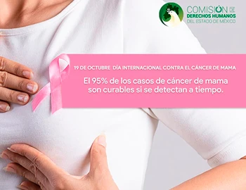 DAR ATENCIÓN PRIORITARIA AL CÁNCER DE MAMA, LLAMADO DE LA CODHEM. Imagen de una persona sosteniendo un listón rosa sobre el pecho, con mensaje informativo por el Día Internacional contra el Cáncer de Mama y logotipo de la CODHEM.