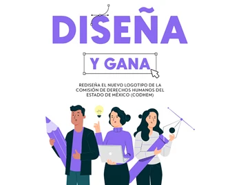Ilustración con personas diseñando y el texto “Diseña y gana”, utilizada para invitar al concurso de la Comisión de Derechos Humanos del Estado de México para rediseñar su logotipo institucional.