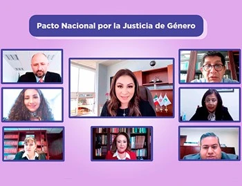 Imagen de una videoconferencia con varias personas en recuadros y el título “Pacto Nacional por la Justicia de Género”, utilizada para informar la participación de la presidenta de la Comisión de Derechos Humanos del Estado de México en este pacto para abatir la discriminación contra la mujer.
