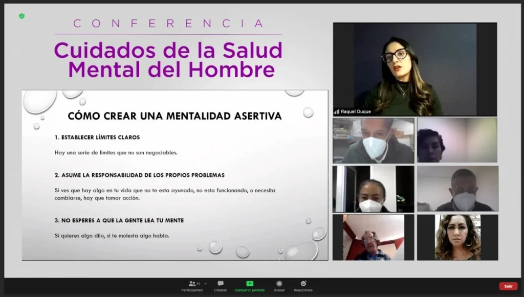 Imagen de una conferencia virtual sobre salud mental de los hombres, en la que se expone que el bienestar emocional favorece nuevas masculinidades y paternidades positivas.
