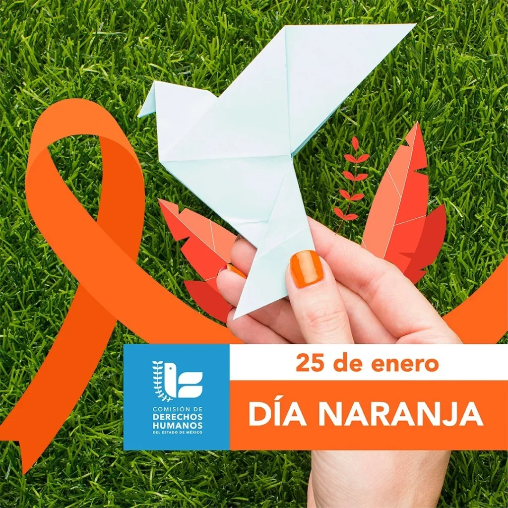 Mano sostiene una figura de ave de papel blanco sobre pasto verde, acompañada de un lazo naranja y el logotipo de la CODHEM. LA CODHEM CONTINÚA CON ACCIONES PARA PREVENIR LA VIOLENCIA HACIA LAS MUJERES. La Visitaduría Adjunta de Igualdad de Género brinda atención, orientación y asesoría jurídica todos los días.