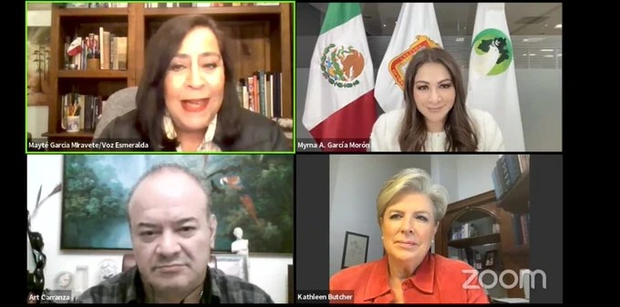 Imagen de una videollamada en pantalla dividida, donde la presidenta de la Codhem participa en el programa Mesa de Análisis de Voz Esmeralda.