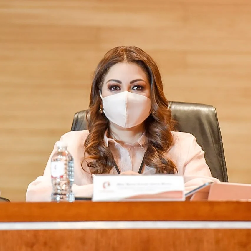 Persona sentada en un panel institucional frente a un micrófono y documentos. La Codhem no se pronunciará a favor de amnistía en casos de feminicidios, afirmó Myrna Araceli García Morón.