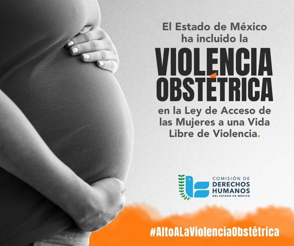 Imagen en blanco y negro de una persona embarazada de perfil, con texto informativo sobre la inclusión de la violencia obstétrica en la ley y logotipo de la Comisión de Derechos Humanos del Estado de México.