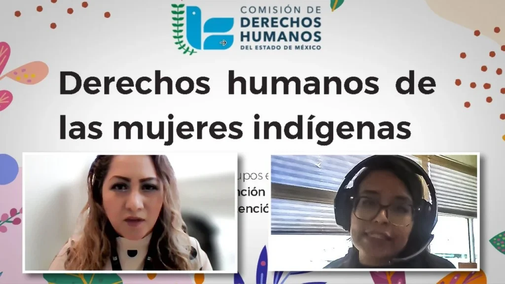 Imagen de una diapositiva virtual de la CODHEM sobre derechos humanos de las mujeres indígenas, con dos personas participando en una videollamada.