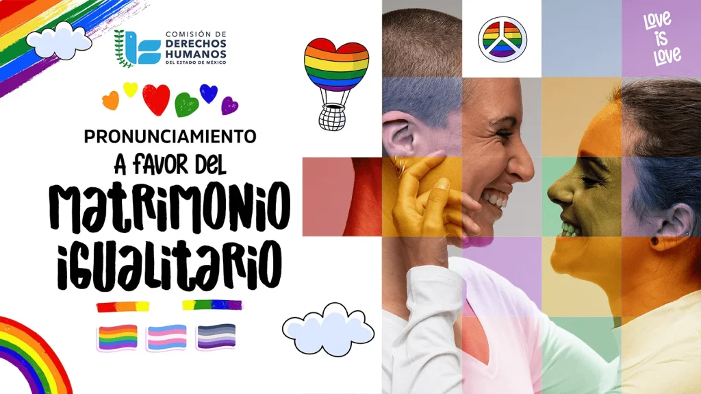 Imagen institucional con símbolos del orgullo LGBTIQ+, corazones arcoíris y el texto “Pronunciamiento a favor del matrimonio igualitario”, junto a una pareja sonriente frente a frente.