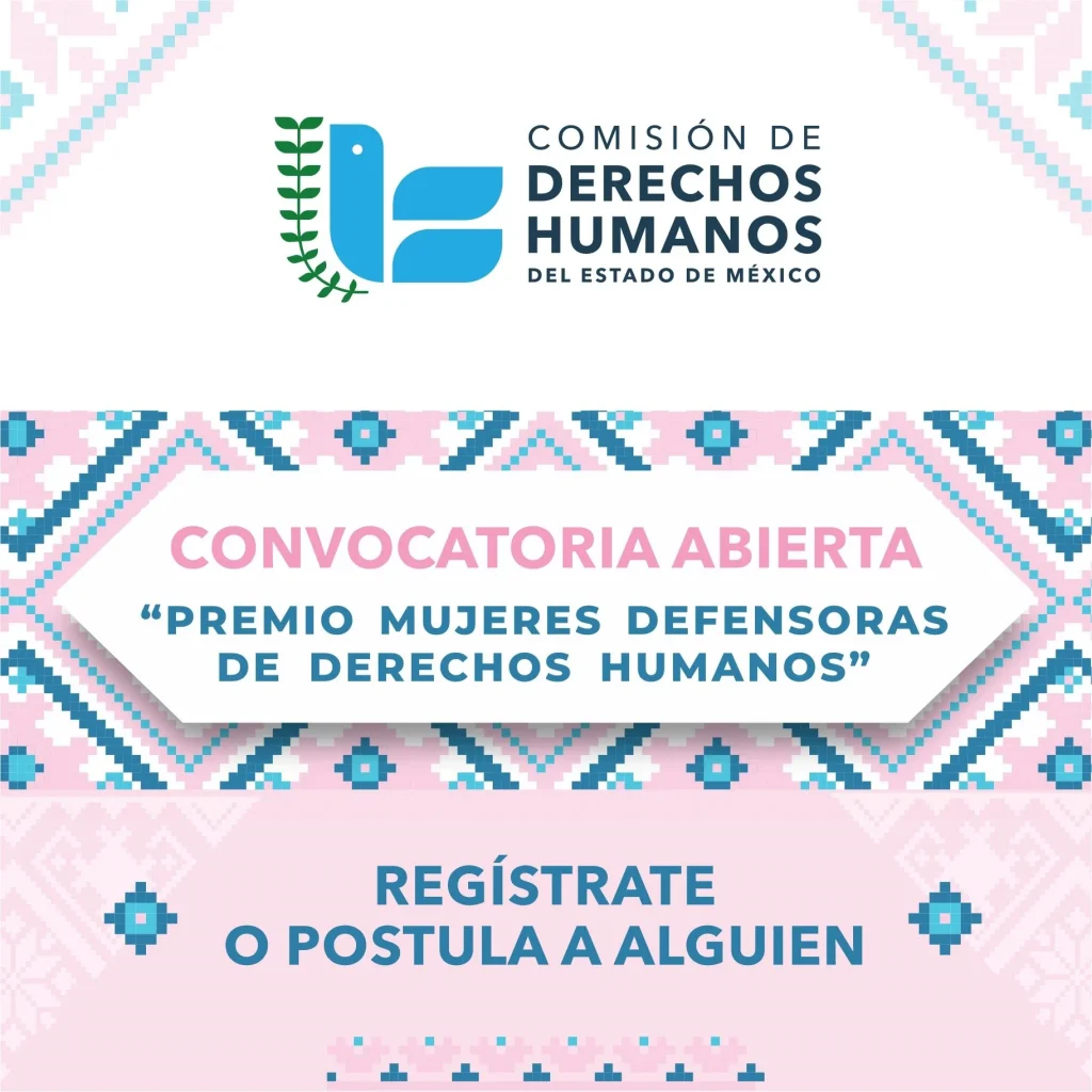 Cartel institucional de la CODHEM que anuncia una convocatoria abierta para el “Premio Mujeres Defensoras de Derechos Humanos”, con elementos gráficos tradicionales y llamado a registrarse o postular a alguien.