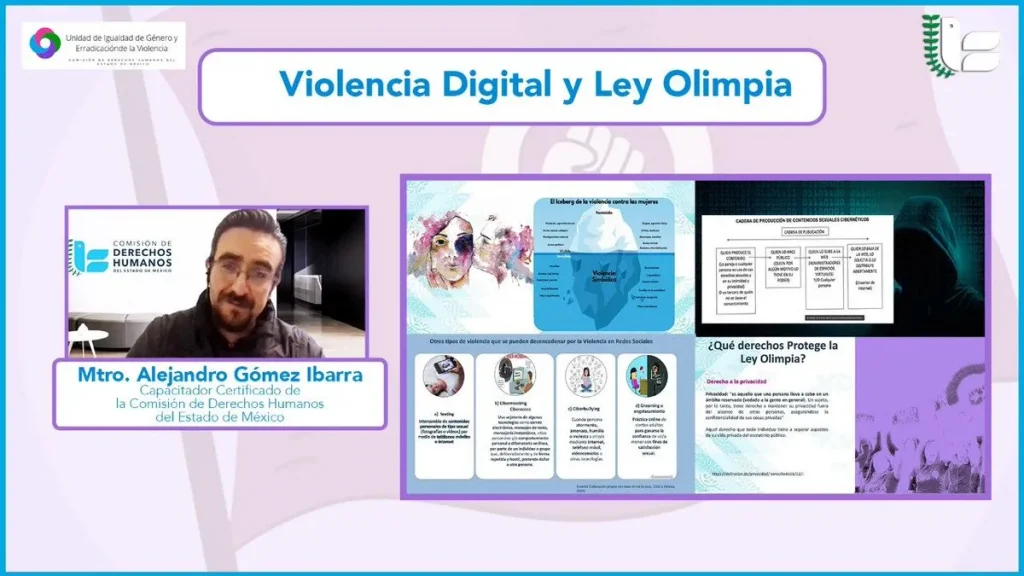 Material informativo sobre violencia digital y Ley Olimpia presentado en una capacitación; CODHEM promueve conciencia social y la protección de derechos de niñas, adolescentes y mujeres.