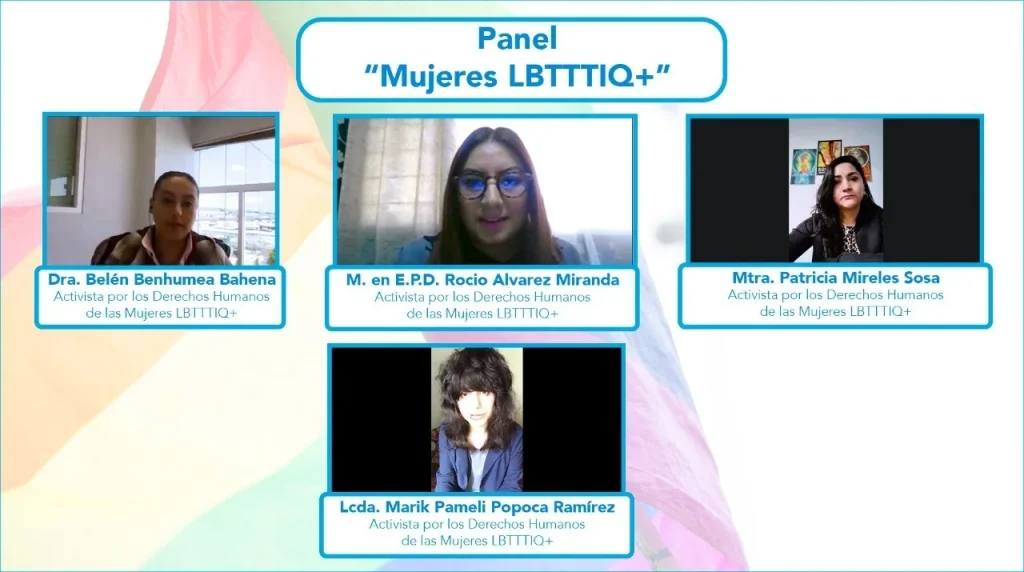 Collage de panel virtual con cuatro participantes y títulos de intervención; especialistas y activistas llaman a desnormalizar la violencia contra mujeres y niñas de la diversidad sexual.