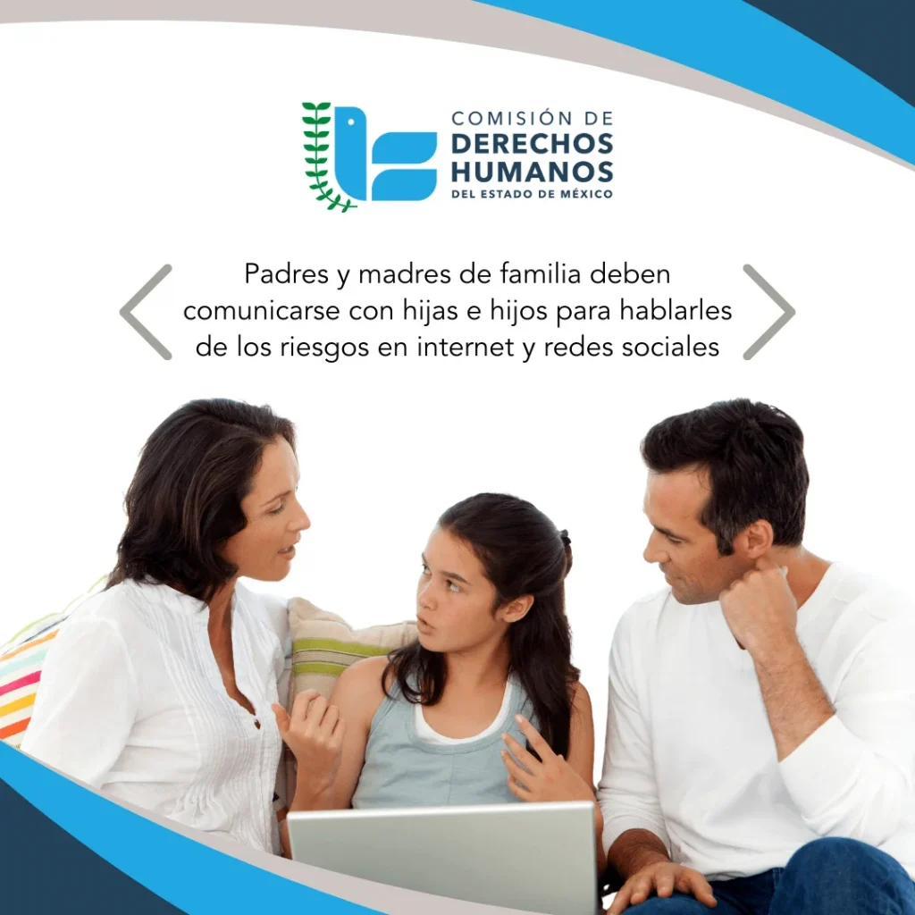 Imagen institucional de la CODHEM que muestra a una familia conversando frente a una computadora; se promueve que madres y padres dialoguen con hijas e hijos sobre los riesgos en internet y redes sociales.