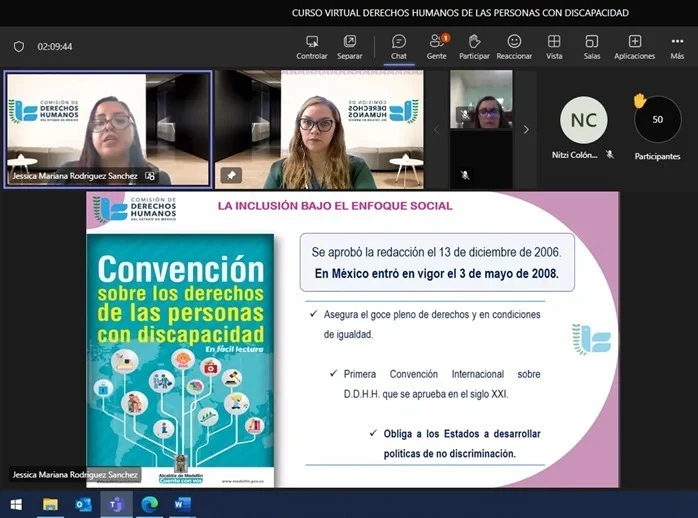 Captura de una videoconferencia sobre derechos humanos de las personas con discapacidad, donde se muestra una presentación titulada “Convención sobre los derechos de las personas con discapacidad” junto a participantes en una plataforma virtual.