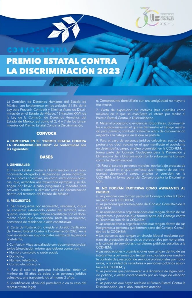 Cartel informativo de convocatoria al “Premio Estatal Contra la Discriminación 2023” con diseño en tonos azules; incluye el logotipo de la Comisión de Derechos Humanos del Estado de México, una imagen de manos unidas al centro y texto detallado con bases, requisitos, convocatoria y criterios de participación del concurso.