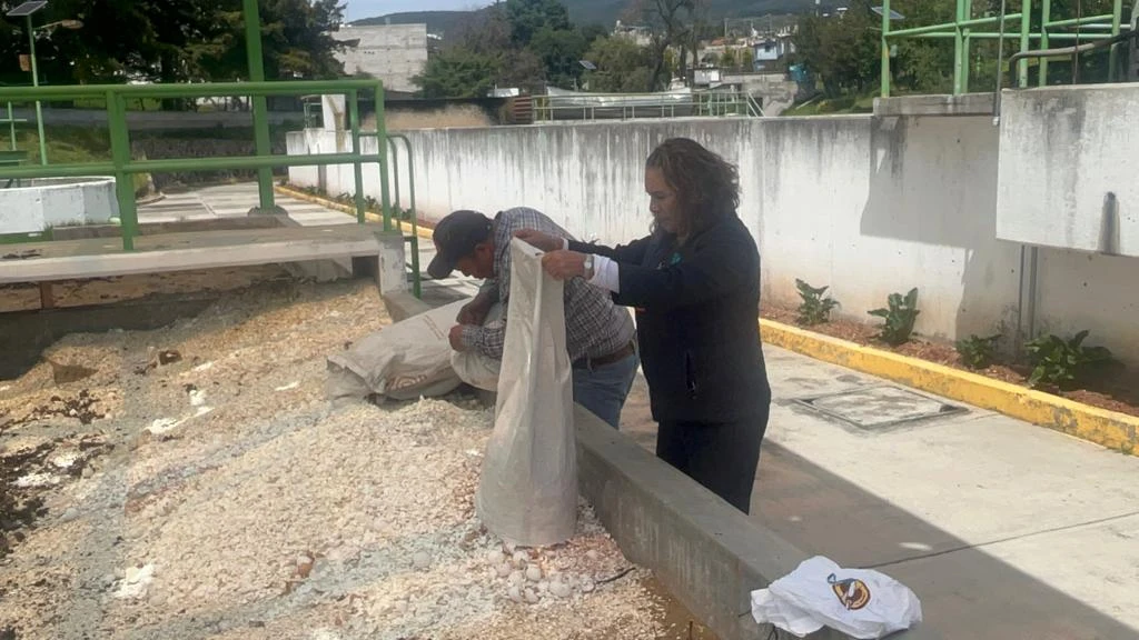 Dos personas trabajan en un área exterior de instalaciones con estructuras de concreto y barandales verdes, aparentemente en un sistema de tratamiento o almacenamiento. Una persona sostiene un costal abierto mientras la otra manipula materiales granulares o piedras dentro de una cavidad. Alrededor se observan superficies de concreto, grava, vegetación en macetas y una pared perimetral blanca.