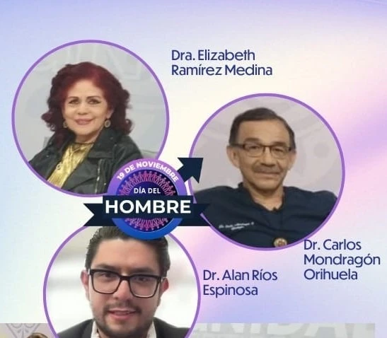 Diseño gráfico con tres retratos circulares de personas, acompañado de texto informativo sobre una conmemoración. En la parte superior se lee “Día del Hombre” con la fecha “19 de noviembre”. Junto a las imágenes aparecen nombres como “Dra. Elizabeth Ramírez Medina”, “Dr. Carlos Mondragón Orihuela” y “Dr. Alan Ríos Espinosa”. El fondo presenta tonos claros con elementos decorativos en forma de círculos y líneas.