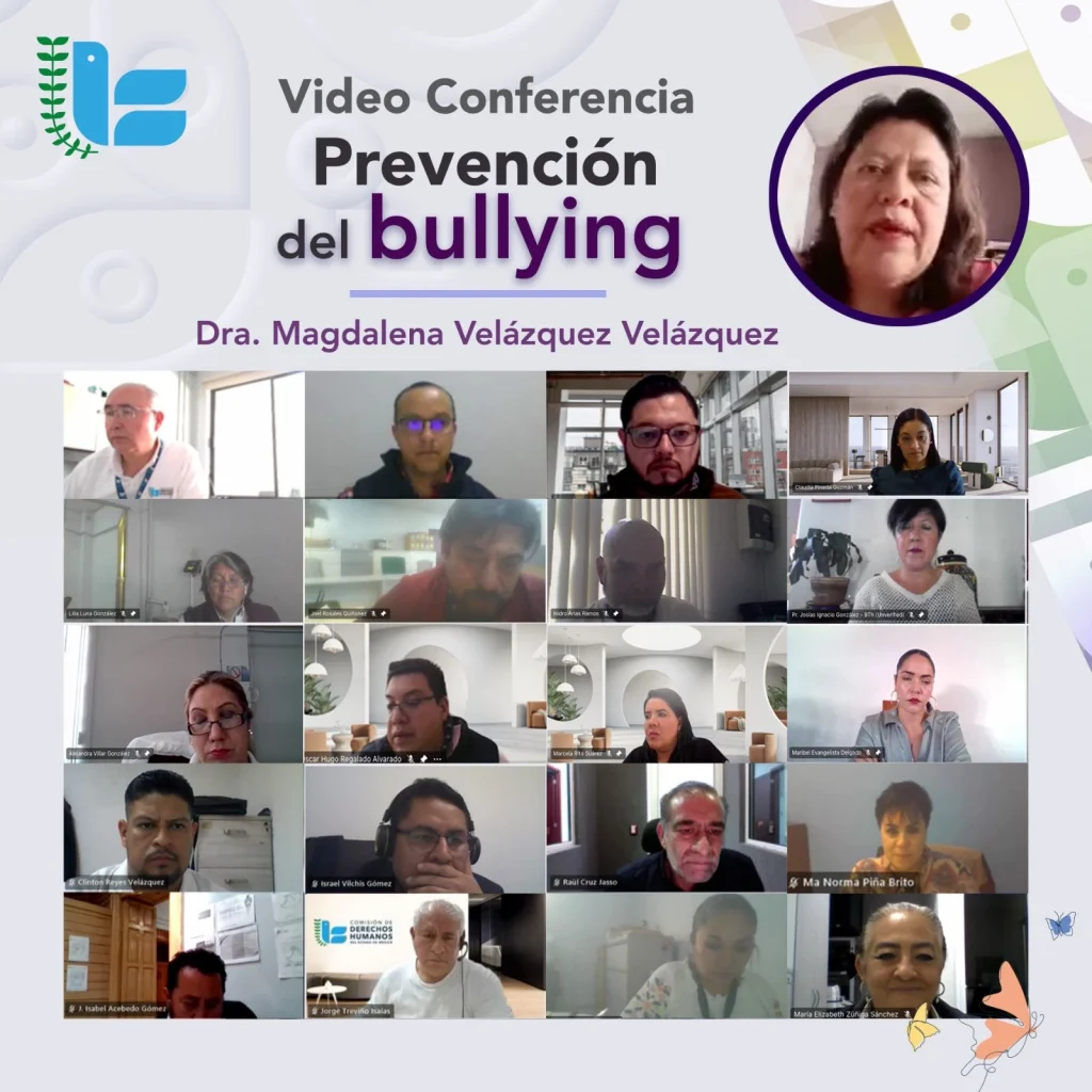 Cartel informativo de una videoconferencia titulada “Prevención del bullying”, que incluye el nombre de la ponente Dra. Magdalena Velázquez Velázquez, un retrato enmarcado y una cuadrícula de varias personas conectadas en una reunión virtual, junto al logotipo de la Comisión de Derechos Humanos del Estado de México.