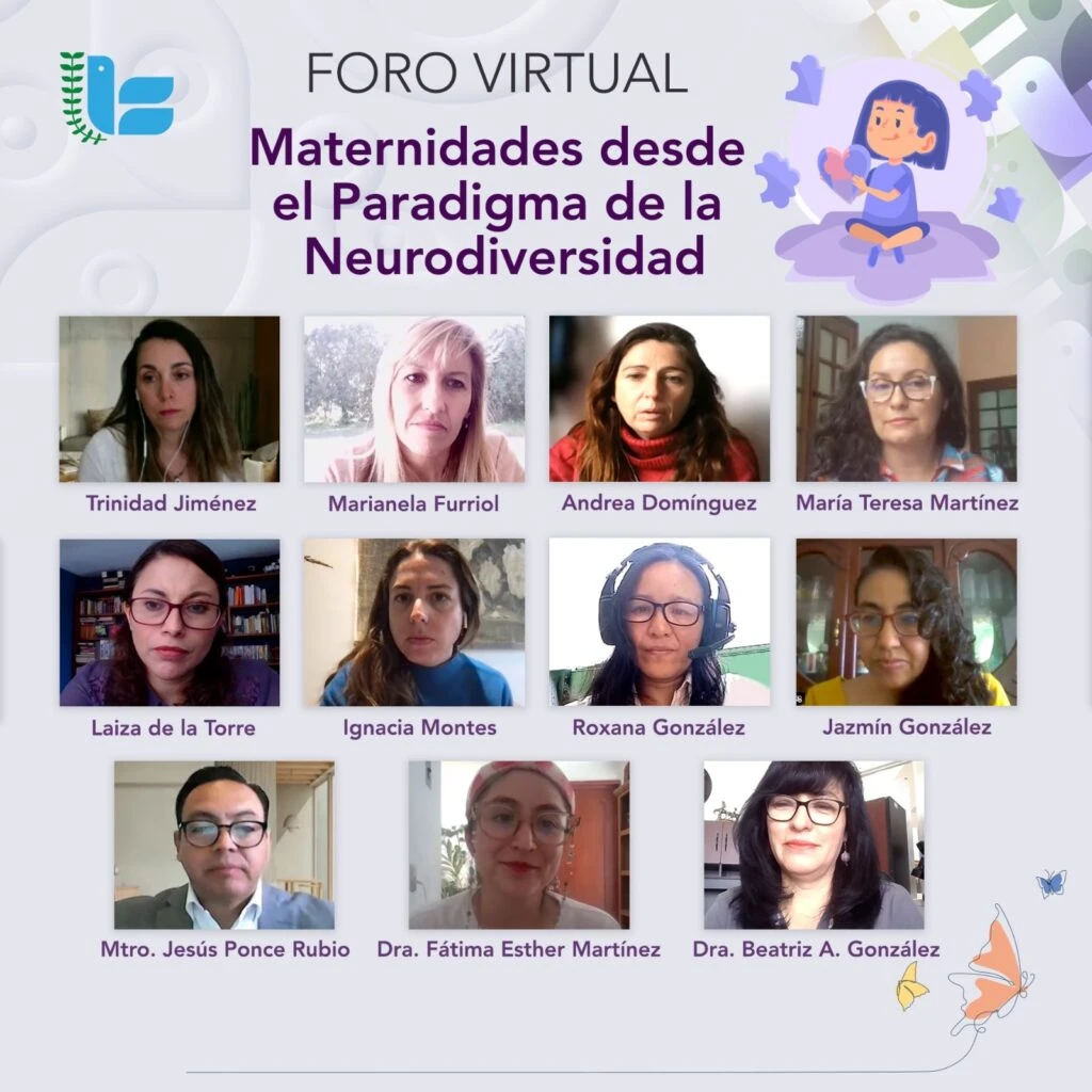 Cartel informativo de un foro virtual titulado “Maternidades desde el Paradigma de la Neurodiversidad”, con el logotipo institucional en la parte superior, una ilustración de una figura infantil y una cuadrícula de participantes con sus nombres visibles en formato de videoconferencia.