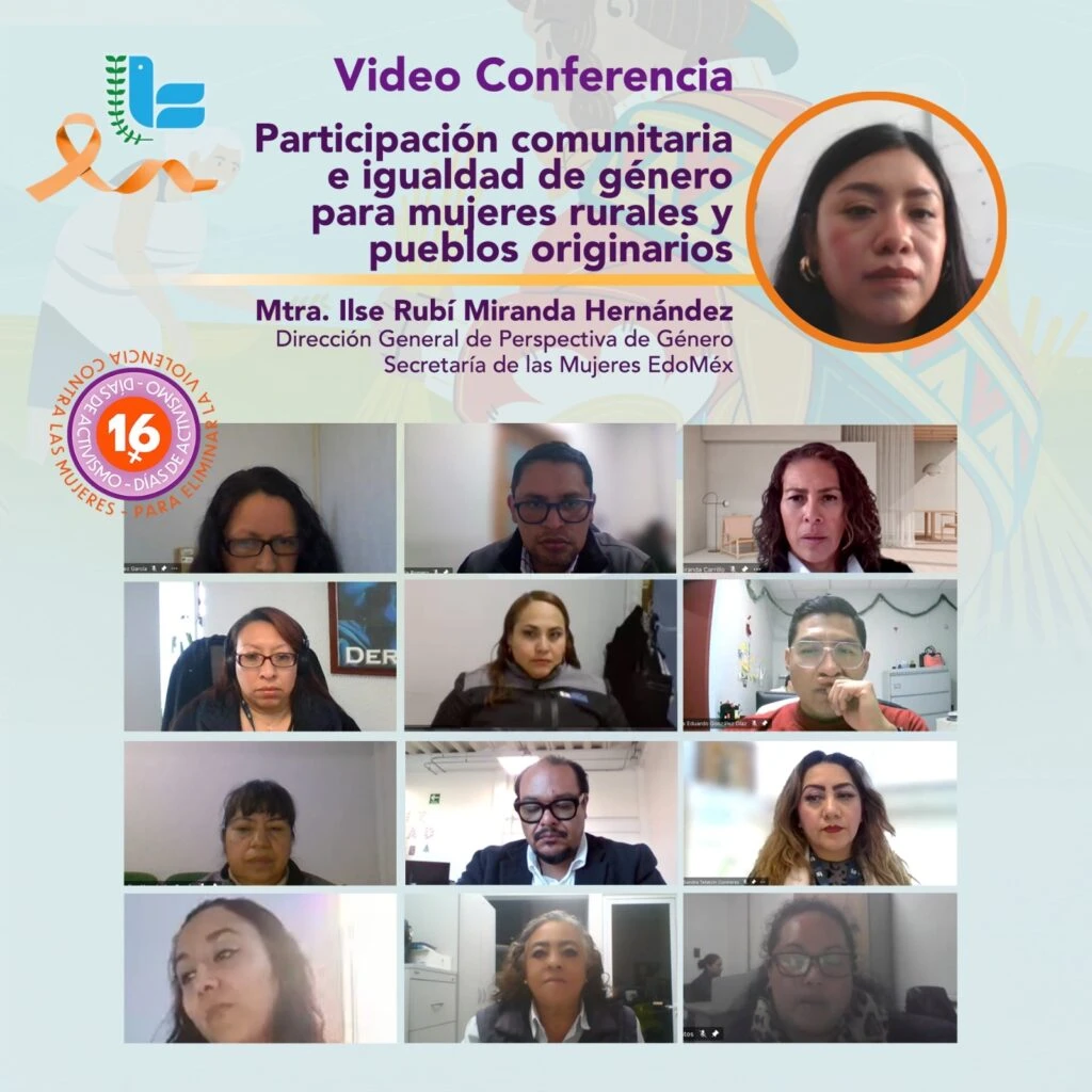 Cartel de una videoconferencia titulada “Participación comunitaria e igualdad de género para mujeres rurales y pueblos originarios”. Incluye el nombre de la ponente Mtra. Ilse Rubí Miranda Hernández, de la Dirección General de Perspectiva de Género de la Secretaría de las Mujeres del Estado de México