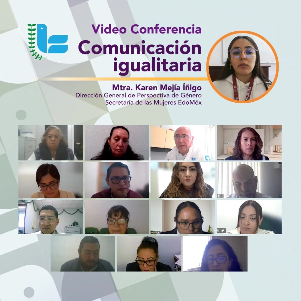Cartel digital de una videoconferencia titulada “Comunicación igualitaria”. En la parte superior se incluye el nombre de la ponente y su cargo en la Secretaría de las Mujeres del Estado de México, junto a un retrato enmarcado en un círculo