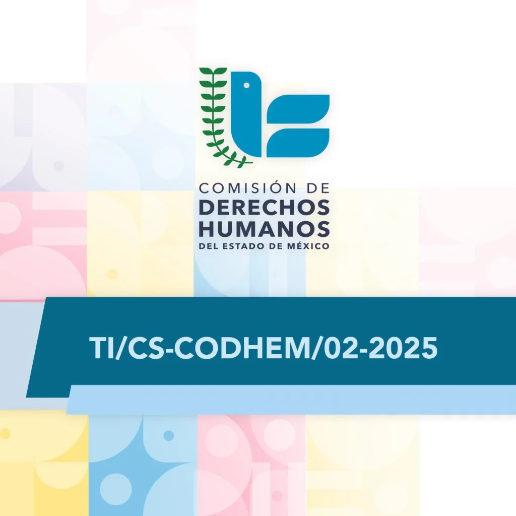 Imagen institucional con el logotipo de la Comisión de Derechos Humanos del Estado de México en la parte superior. En la parte inferior aparece el texto “TI/CS-CODHEM/02-2025” sobre una franja azul. El fondo presenta un diseño geométrico en tonos pastel con formas rectangulares y circulares.