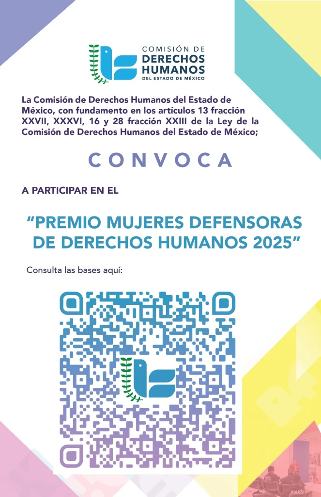 Cartel oficial de la Comisión de Derechos Humanos del Estado de México que convoca a participar en el “Premio Mujeres Defensoras de Derechos Humanos 2025”, incluye texto institucional y un código QR para consultar las bases.