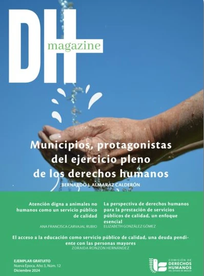 Portada de revista con fondo azul donde una mano sostiene agua en movimiento; el título “DH magazine” aparece en la parte superior y el texto principal dice: “Municipios, protagonistas del ejercicio pleno de los derechos humanos”, acompañado de subtítulos sobre servicios públicos, educación y atención digna.