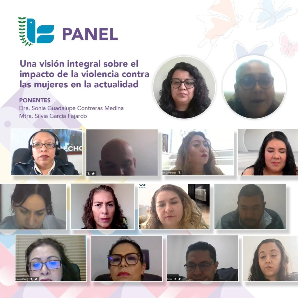 Cartel digital de un panel titulado “Una visión integral sobre el impacto de la violencia contra las mujeres en la actualidad”, organizado por la Comisión de Derechos Humanos del Estado de México, que incluye nombres de ponentes y capturas de pantalla de participantes conectados a una videoconferencia.