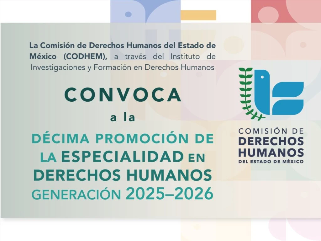 Cartel informativo de la Comisión de Derechos Humanos del Estado de México que convoca a la décima promoción de la Especialidad en Derechos Humanos, generación 2025–2026. El diseño incluye el logotipo institucional sobre un fondo con figuras geométricas en tonos suaves y texto destacando la oferta académica.
