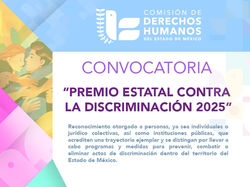Cartel informativo de la Comisión de Derechos Humanos del Estado de México que anuncia la convocatoria del “Premio Estatal contra la Discriminación 2025”.
