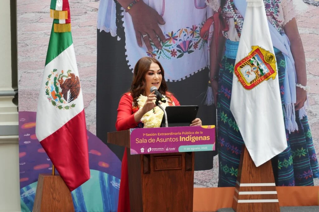 Persona realizando una intervención desde un atril durante una sesión pública dedicada a asuntos indígenas. En el recinto se observan representantes sentados en una mesa principal, banderas oficiales, pantallas de proyección y elementos ceremoniales al frente del salón.