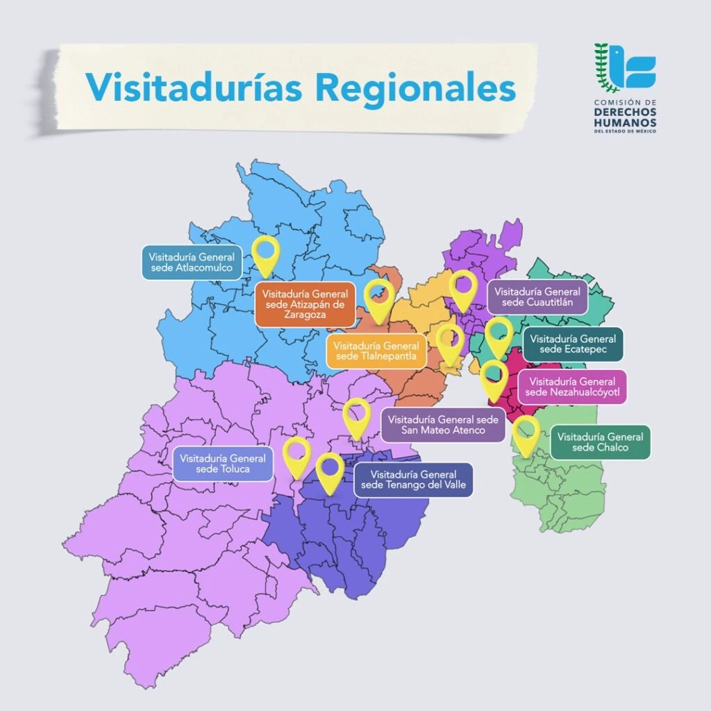 Mapa ilustrado del Estado de México titulado “Visitadurías Regionales”, con regiones diferenciadas por colores y marcadores amarillos que señalan las sedes de visitadurías generales en Atlacomulco, Atizapán de Zaragoza, Tlalnepantla, Cuautitlán, Ecatepec, Nezahualcóyotl, Chalco, San Mateo Atenco, Tenango del Valle y Toluca. En la esquina superior derecha aparece el logotipo de la Comisión de Derechos Humanos del Estado de México.