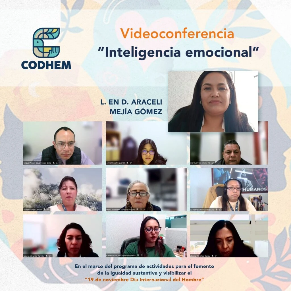 Imagen informativa de la CODHEM sobre la videoconferencia “Inteligencia emocional”, impartida por L. en D. Araceli Mejía Gómez, con una composición tipo captura de videollamada que muestra a varias personas participantes en recuadros. En la parte inferior se indica que la actividad forma parte del programa para el fomento de la igualdad sustantiva y para visibilizar el 19 de noviembre, Día Internacional del Hombre.