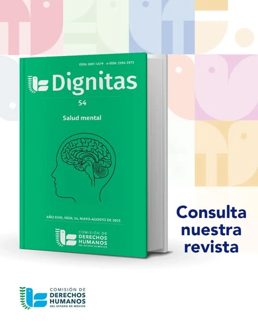 Imagen promocional de la revista Dignitas número 54, dedicada al tema de salud mental. Se observa la portada verde de la publicación con una ilustración de una cabeza humana y un cerebro, junto al texto “Consulta nuestra revista” y el logotipo de la Comisión de Derechos Humanos del Estado de México.