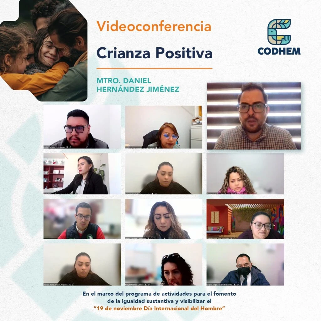 Cartel informativo de una videoconferencia titulada “Crianza Positiva”, organizada por la Comisión de Derechos Humanos del Estado de México (CODHEM). En la parte superior izquierda aparece una imagen de varias personas abrazándose y en la parte superior derecha se observa el logotipo institucional de la CODHEM