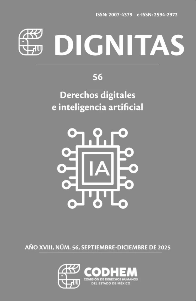 Portada de la revista Dignitas, número 56, dedicada al tema “Derechos digitales e inteligencia artificial”. La imagen muestra un diseño en color gris con una ilustración de un microchip con las siglas “IA”, así como los logotipos de Dignitas y de la Comisión de Derechos Humanos del Estado de México (CODHEM).