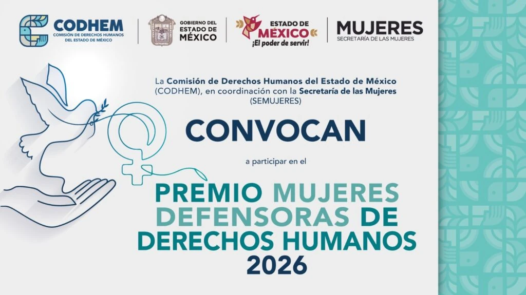 Cartel informativo de la Comisión de Derechos Humanos del Estado de México (CODHEM), en coordinación con la Secretaría de las Mujeres del Gobierno del Estado de México, que convoca a participar en el Premio Mujeres Defensoras de Derechos Humanos 2026. El diseño incluye los logotipos de la CODHEM, del Gobierno del Estado de México y de la Secretaría de las Mujeres, así como ilustraciones de una paloma, unas manos y el símbolo de la mujer en tonos azul y turquesa sobre fondo blanco.