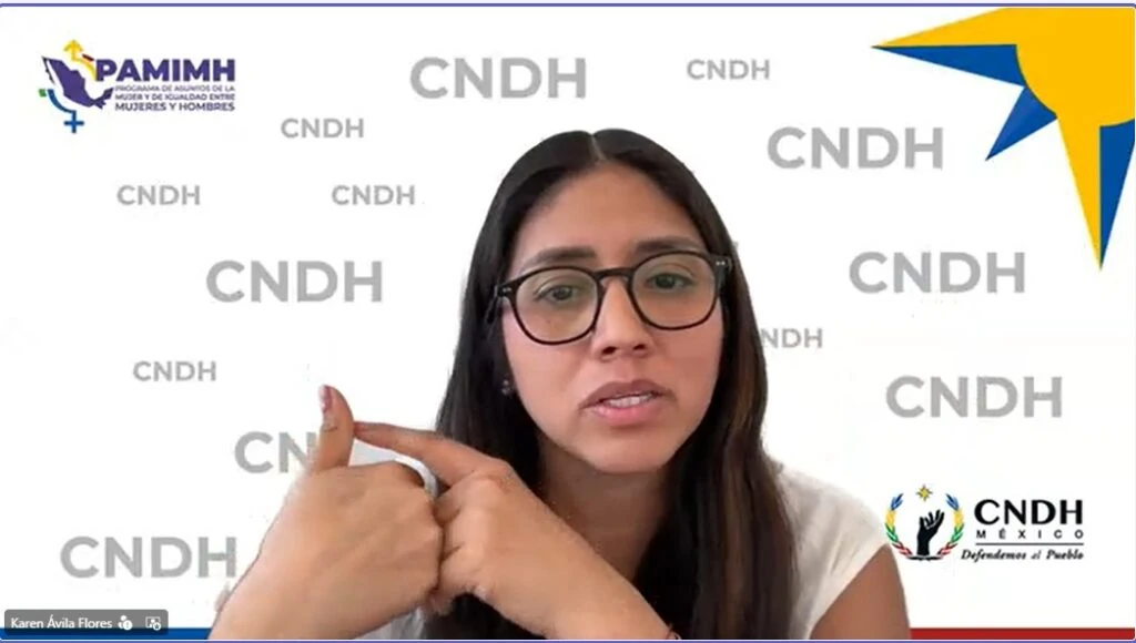 Persona participando en una videoconferencia con fondo institucional de la CNDH; se observan los logotipos de la CNDH México y del PAMIMH en una pantalla de reunión virtual.