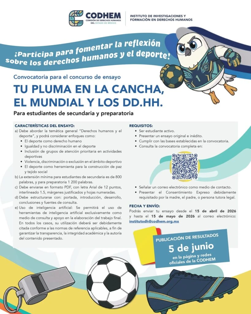 Tarjeta informativa institucional de la Comisión de Derechos Humanos del Estado de México (CODHEM), con fondo claro texturizado y elementos gráficos en tonos azul, turquesa y amarillo. En la parte superior aparece el logotipo de la CODHEM y, al centro, el texto: “Tarjeta Informativa CODHEM UCS/Abril 28 2026”.