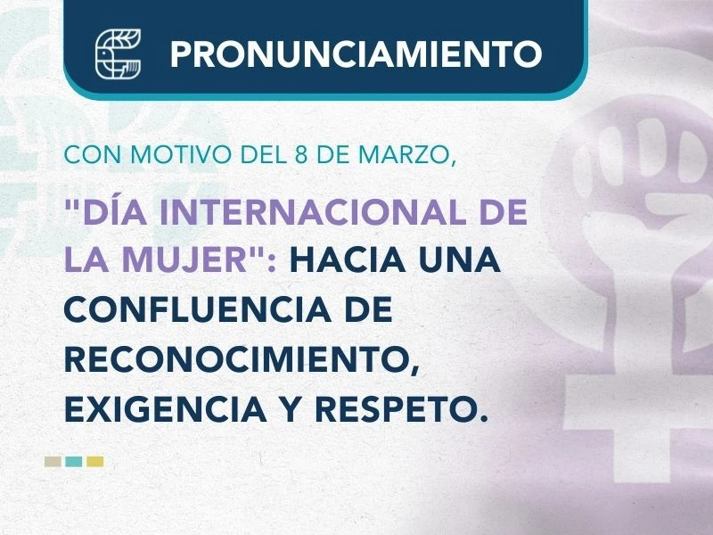 Pronunciamiento de la Comisión de Derechos Humanos del Estado de México (CODHEM) con motivo del 8 de marzo, Día Internacional de la Mujer. La imagen institucional presenta el mensaje “Hacia una confluencia de reconocimiento, exigencia y respeto”, acompañado del logotipo de la CODHEM y un símbolo gráfico alusivo a los derechos de las mujeres sobre un fondo en tonos claros y morados.
