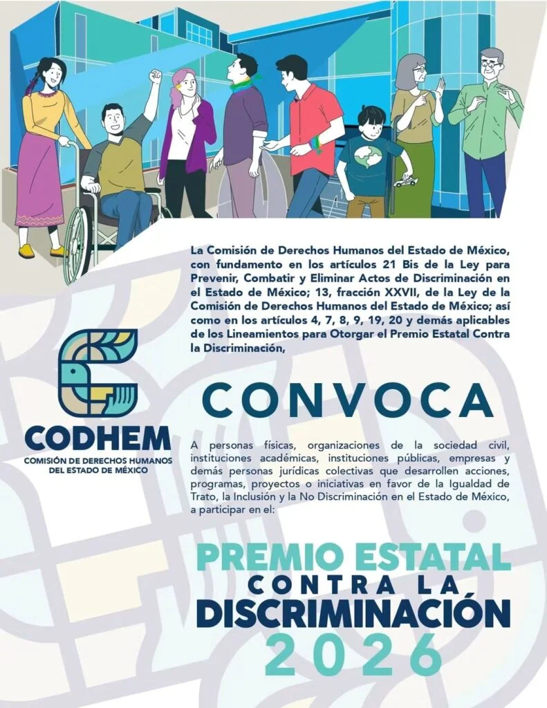 Cartel informativo de la CODHEM que convoca al Premio Estatal contra la Discriminación 2026. La imagen incluye una ilustración de personas con características diversas participando en un entorno urbano, junto con el logotipo institucional y el texto de la convocatoria sobre igualdad de trato, inclusión y no discriminación en el Estado de México.