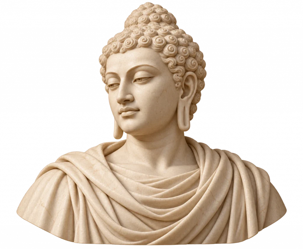 Busto escultórico de una figura histórica con cabello rizado recogido en la parte superior y vestimenta de amplios pliegues, representado en color marfil sobre fondo transparente.