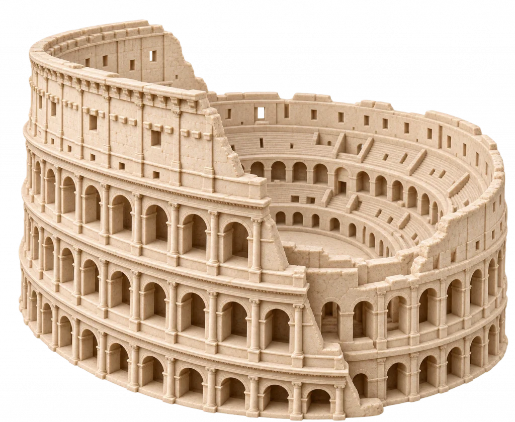 Representación tridimensional del Coliseo romano con múltiples niveles de arcos y estructura elíptica parcialmente abierta para mostrar su interior.