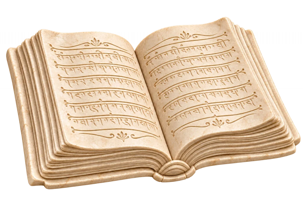 Libro abierto con páginas grabadas con líneas de escritura antigua y detalles ornamentales en los márgenes, representado en color marfil sobre fondo transparente.