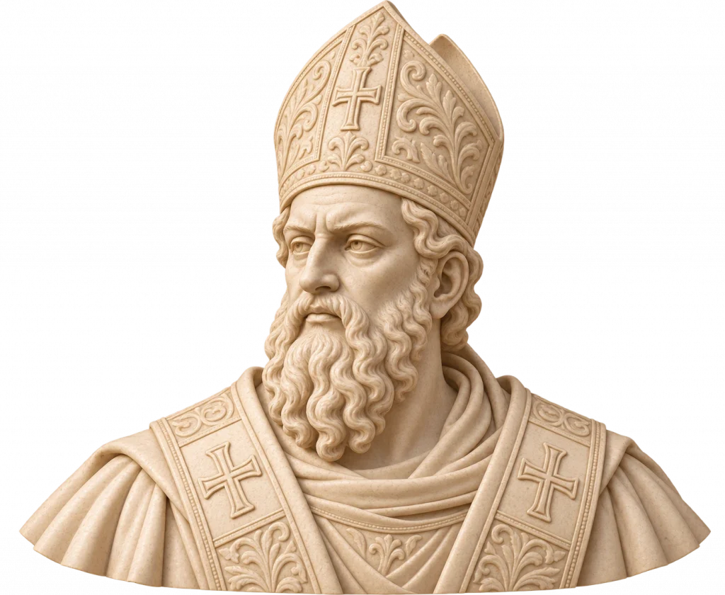 Busto escultórico de un personaje religioso con mitra ornamentada, barba larga y vestimenta decorada con cruces grabadas, representado en tono marfil sobre fondo transparente.