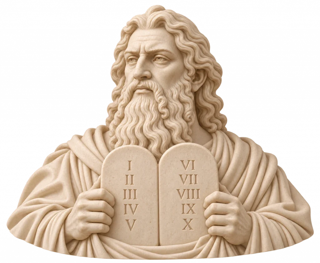 Busto escultórico de una figura con larga barba sosteniendo dos tablas inscritas con números romanos, representado en color marfil sobre fondo transparente.