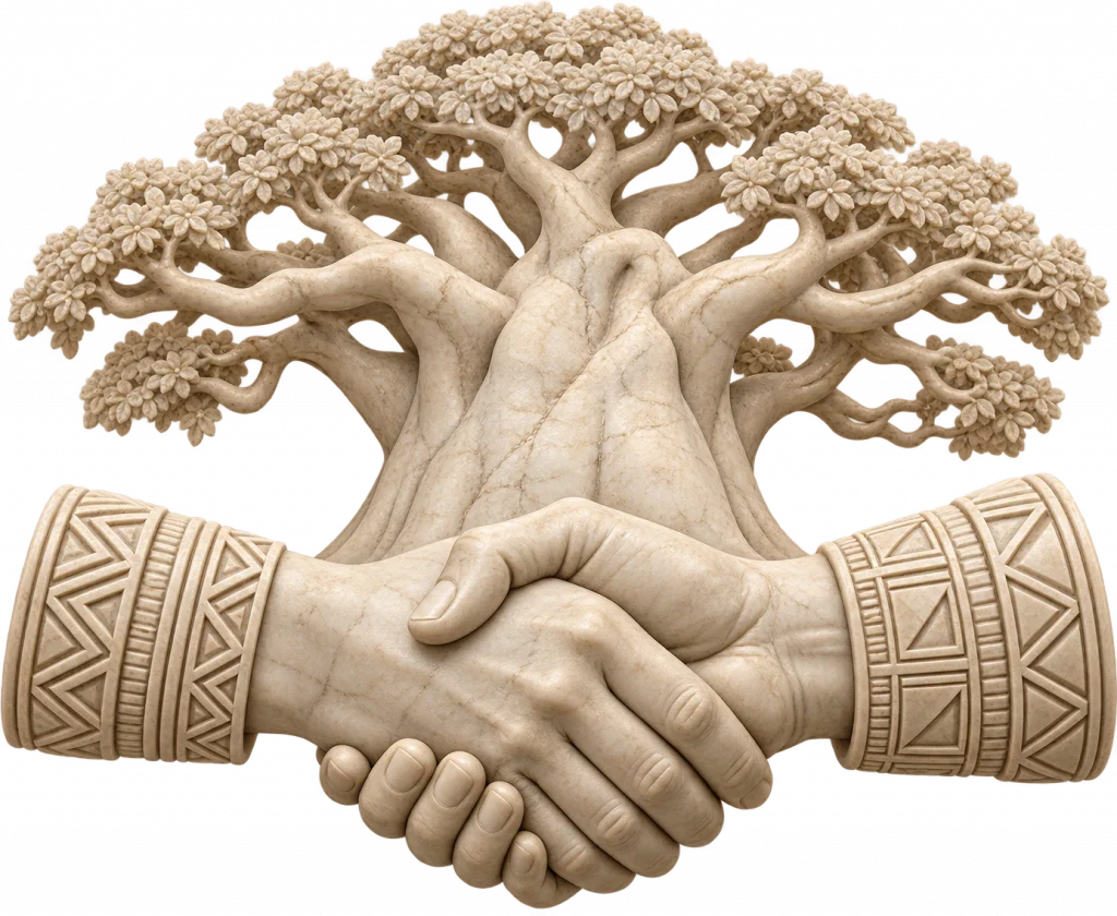 Dos manos estrechándose en señal de acuerdo frente a un gran árbol de amplias ramas, símbolo de unión, cooperación y comunidad.