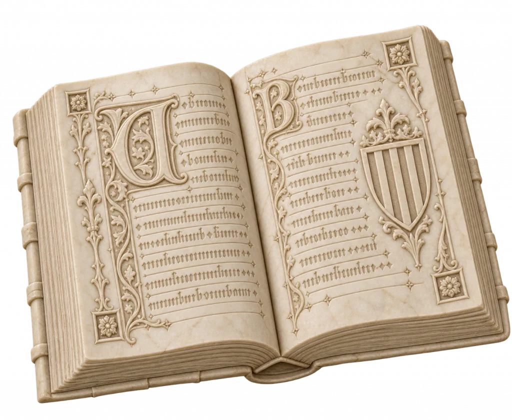 Libro abierto con páginas ornamentadas que contienen texto manuscrito y elementos decorativos medievales, incluyendo letras capitulares y un escudo heráldico en la página derecha. La ilustración está representada en tonos marfil sobre fondo transparente.