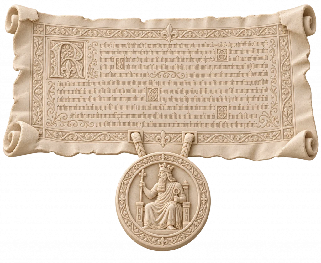 Pergamino ornamentado con texto decorativo y sello circular colgante en la parte inferior, representado como un documento histórico oficial.