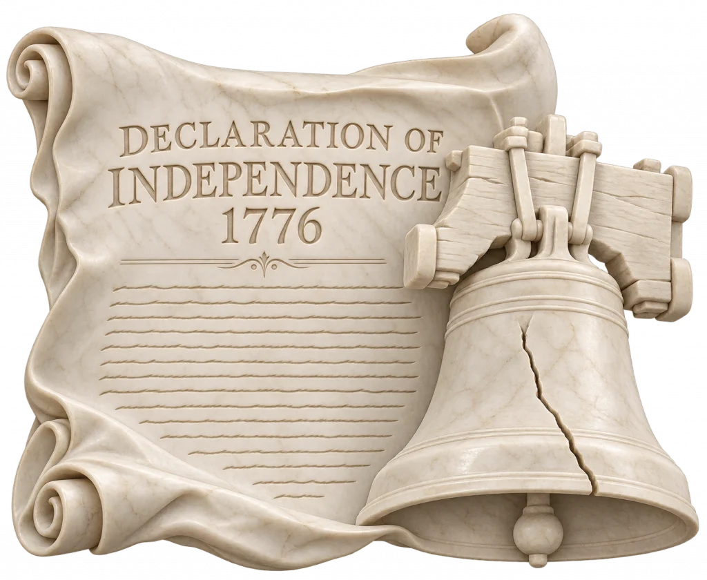 Pergamino con la inscripción “Declaration of Independence 1776” junto a la Campana de la Libertad representada con una grieta visible.