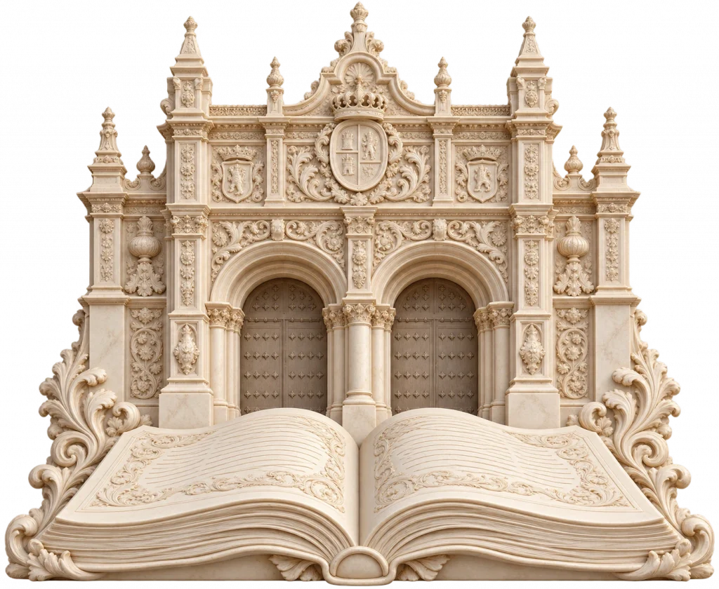 Fachada ornamentada de un edificio histórico situada detrás de un libro abierto, con abundantes detalles arquitectónicos y decorativos en relieve.